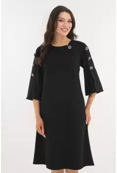 Rochie evazata neagra cu dungi violet si nasturi decorativi imagine