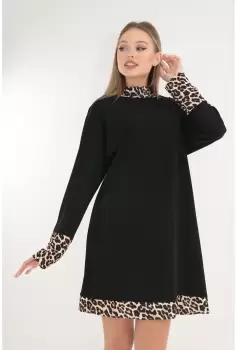 Rochie evazata neagra cu insertii cu animal print bej imagine