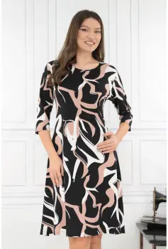 Rochie evazata neagra cu print abstract alb-cafeniu imagine
