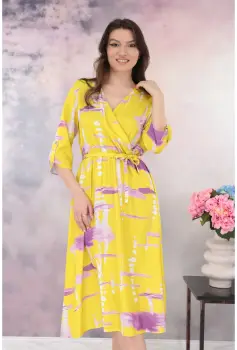 Rochie galbena cu print abstract roz si decolteu parte peste parte imagine