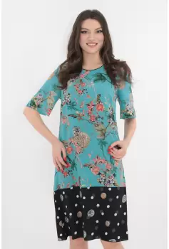 Rochie lejera bleu cu imprimeu floral si bordura neagra imagine