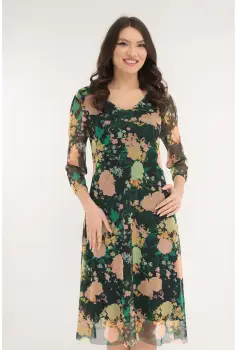 Rochie lejera din tulle negru cu print floral roz-verde imagine