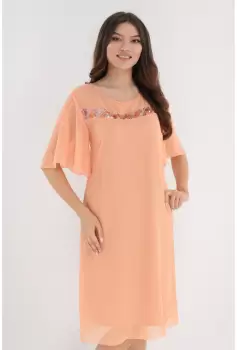 Rochie lejera din voal roz-piersica accesorizata cu paiete imagine