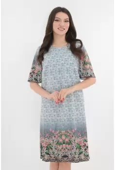 Rochie lejera gri cu imprimeu floral multicolor si tiv bordurat imagine