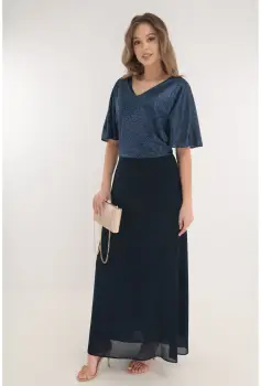 Rochie lunga bleumarin cu glitter in partea superioara imagine