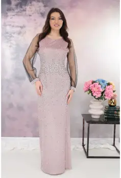 Rochie lunga roz din lurex cu strasuri si perle imagine