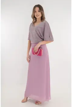 Rochie lunga roz-pudra cu glitter in partea superioara imagine