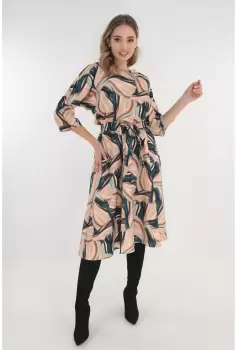 Rochie midi bej cu print abstract turcoaz imagine