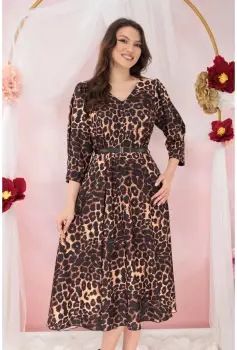 Rochie midi cu o curelusa in talie si animal print maro imagine