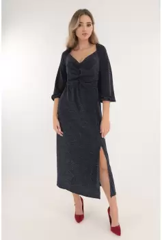 Rochie midi din lurex bleumarin cu fronseuri la bust imagine