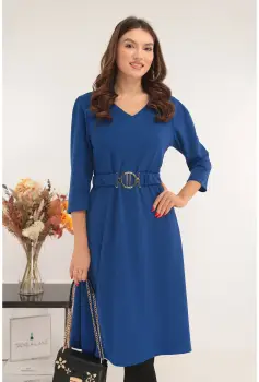 Rochie midi evazata albastra cu o curea in talie imagine