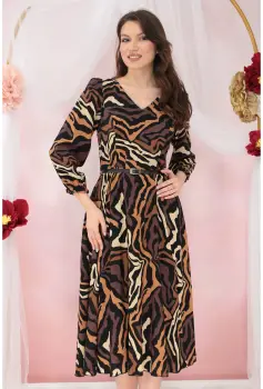 Rochie midi neagra cu print abstract bej si cu o curelusa in talie imagine