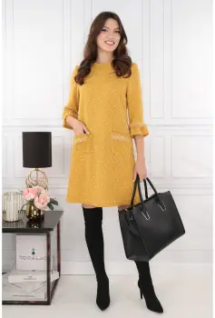 Rochie mustar tricotata cu buline mici albe imagine