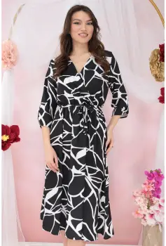 Rochie neagra cu animal print alb si decolteu parte peste parte imagine