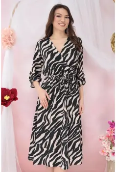 Rochie neagra cu animal print bej si decolteu parte peste parte imagine
