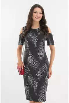 Rochie neagra cu print abstract gri si cu decupaje la maneci imagine
