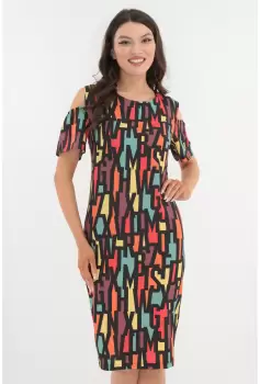 Rochie neagra cu print abstract multicolor si cu decupaje la maneci imagine