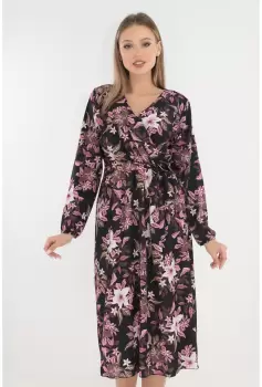 Rochie neagra cu print floral roz si decolteu parte peste parte imagine