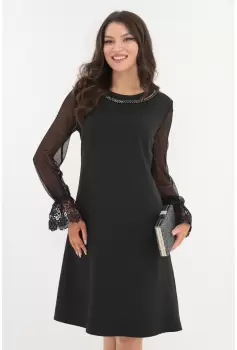 Rochie neagra de ocazie cu maneci din tulle si volane din dantela imagine