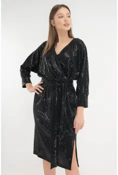 Rochie neagra de ocazie cu paiete si decolteu suprapus imagine