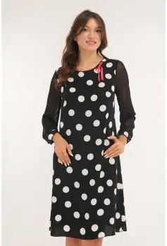 Rochie neagra eleganta cu buline albe si fundita rosie imagine