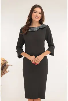 Rochie office antracit cu guler din stofa in carouri albastre imagine