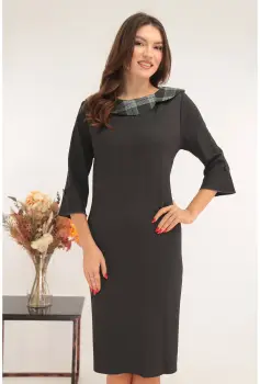 Rochie office antracit cu guler din stofa in carouri verzi imagine