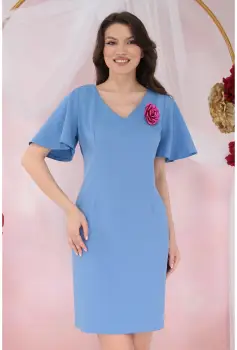 Rochie office bleu accesorizata cu brosa imagine