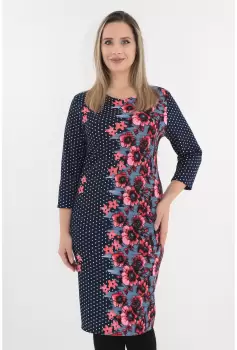 Rochie office bleumarin cu buline albe si bordura florala imagine