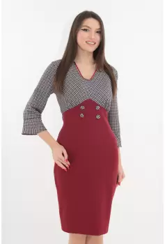 Rochie office bordo cu imprimeu in carouri imagine