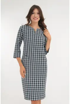 Rochie office cu imprimeu in carouri bleumarin imagine