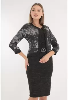 Rochie office din jerse antracit cu print floral si aspect de costum imagine