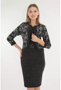 Rochie office din jerse negru cu print floral si aspect de costum imagine