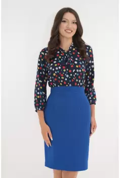 Rochie office din stofa albastra si voal cu imprimeu cu buline imagine