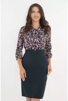 Rochie office din stofa bleumarin si voal cu imprimeu floral imagine