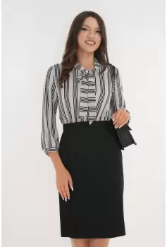 Rochie office din stofa neagra si voal cu imprimeu cu dungi imagine