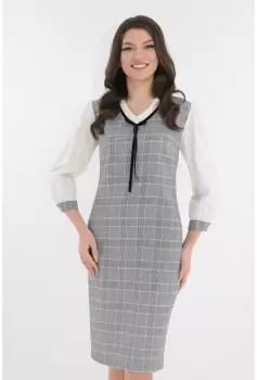 Rochie office gri deschis in carouri fine roz imagine