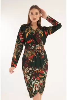 Rochie office verde cu print floral caramiziu imagine
