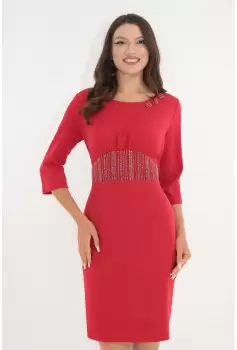 Rochie rosie cu insertii din brocart in talie imagine