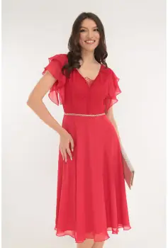Rochie rosie de ocazie din tulle cu volanase pe umeri imagine