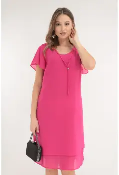 Rochie roz din voaluri suprapuse cu snur la decolteu imagine