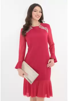 Rochie roz-grenadine de ocazie cu broderie si maneci din tull imagine