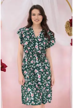 Rochie verde cu trandafiri imprimati si cordon in talie imagine