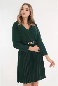 Rochie verde-smarald cu fusta plisata si accesoriu auriu imagine