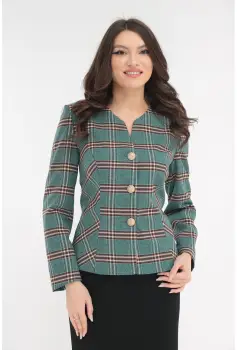 Sacou office turcoaz cu model in carouri maro imagine