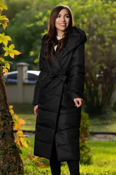 Geaca din fas lunga matlasata neagra cu gluga si cordon in talie imagine