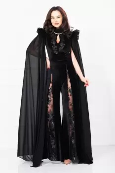 Pantaloni negri eleganti din catifea cu decupaj acoperit cu tulle brodat Legendaria by Venezia imagine