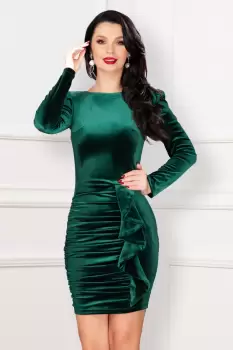 Rochie dama din catifea Kamelis verde cu volan elegant imagine