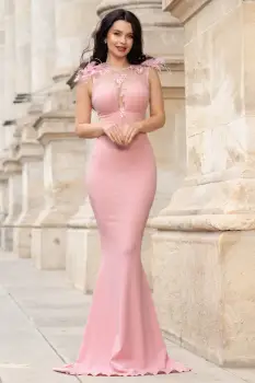 Rochie de lux Kathrin sirena rose cu flori 3D la umeri si fulgi imagine