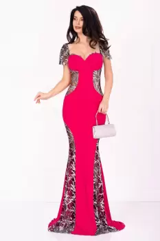 Rochie de lux Serena de seara fucsia cu paiete argintii si sclipici imagine